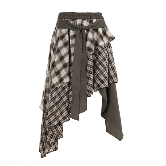 Damen asymmetrischer Wickelrock mit Karomuster und breitem Bindegürtel EB