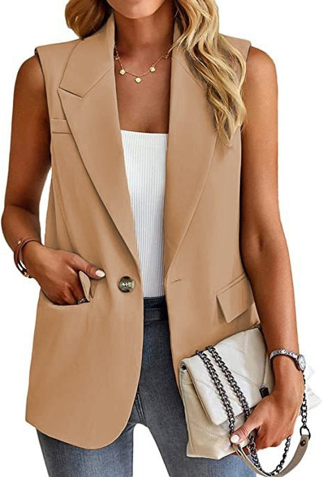 Damen ärmellose Blazerjacke mit Taillenakzenten und praktischen Taschen EB