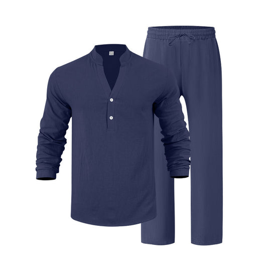 Herren nan legeres Henley-Set aus leichter Leinenoptik mit Stehkragen und elastischer Tunnelzughose EB