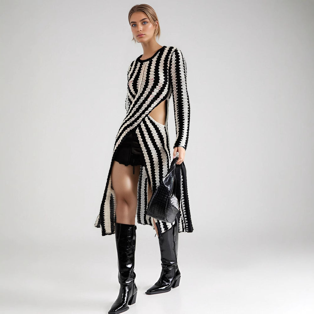 Damen Designer-Strickkleid mit asymmetrischem Schnitt und grafischem Muster EB