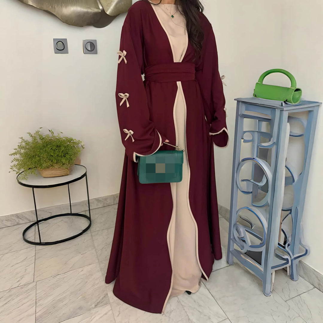Damen nan elegante Abaya-Kaftan mit weitem Trompetenärmel, kontrastierender Passe und Wickelgürtel EB