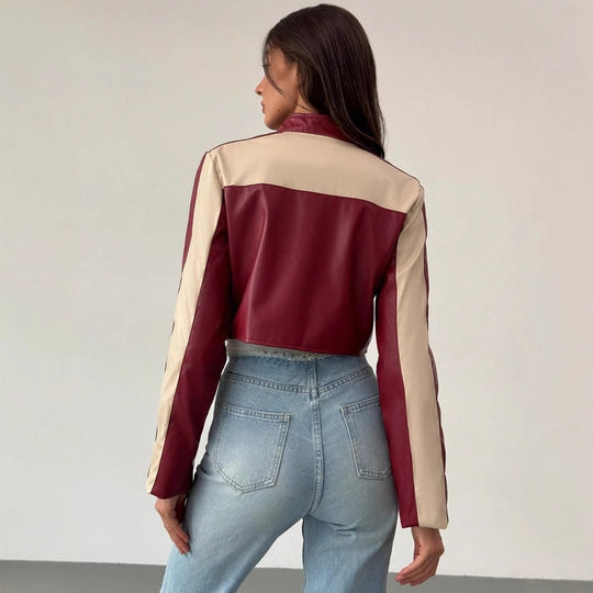 Damen cropped Kunstlederjacke mit kontrastierenden Einsätzen EB