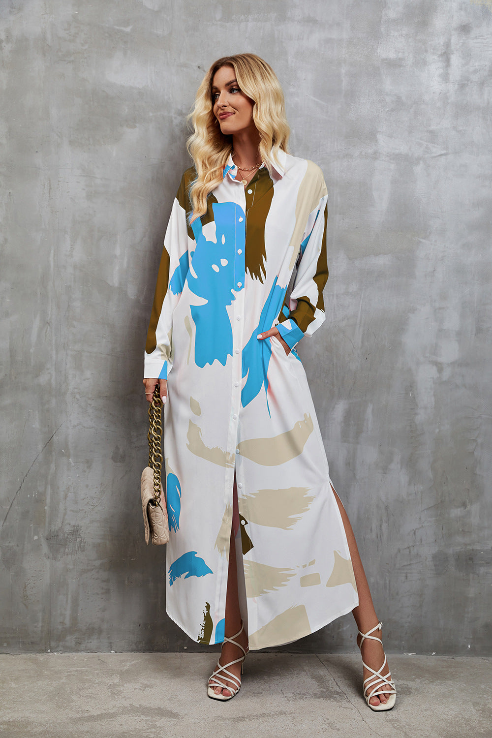 Damen Hemdblusenkleid mit farbenfrohem grafischen Muster und legere Passform EB