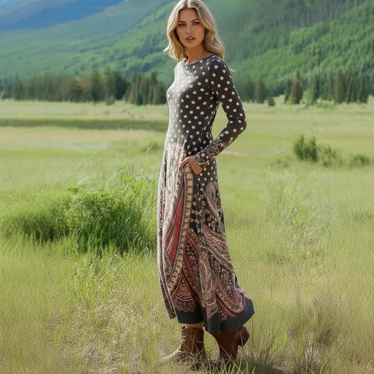 Damen Maxikleid mit Paisley‑ und Polka‑Dot‑Print, langärmeliges A‑Linien‑Jerseykleid EB
