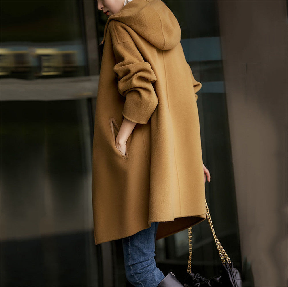 Damen nan midilanger Wollmixmantel mit Kapuze und Druckknopfleiste im Oversize-Schnitt EB