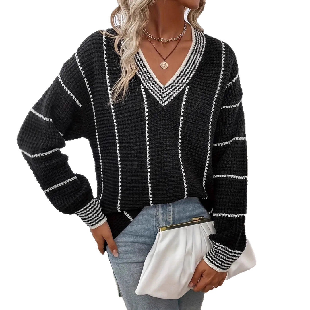 Damen grober Strickpullover mit eleganter V-Ausschnittgestaltung und modischem Streifenmuster EB