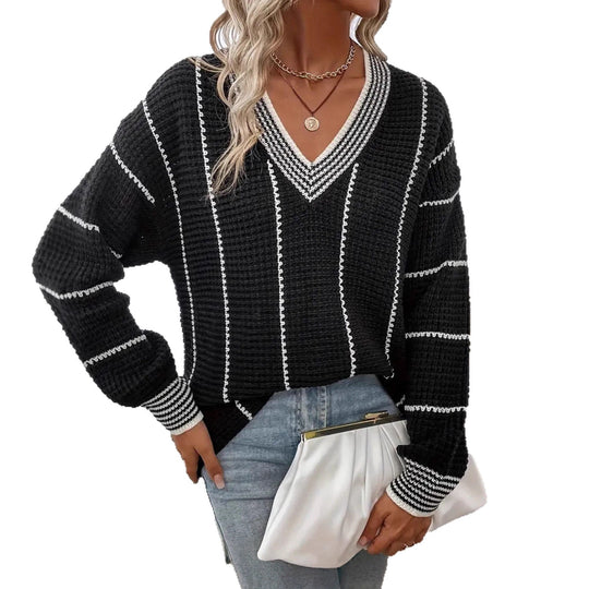 Damen grober Strickpullover mit eleganter V-Ausschnittgestaltung und modischem Streifenmuster EB
