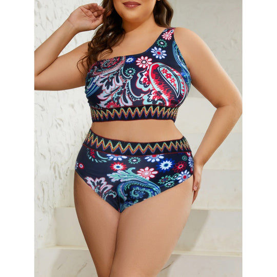 Damen Crop-Top Bikini-Set mit hohem Bund und dekorativem Muster EB