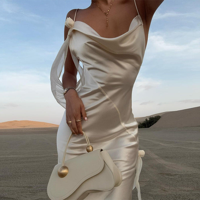 Damen Elegantes Satin-Wickelkleid mit verführerischem Ausschnitt und Spaghettiträgern EB