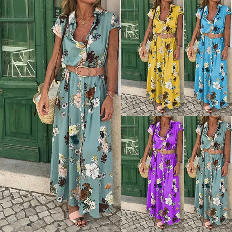 Damen Maxikleid mit Blumenmuster und elegantem Taillengürtel EB