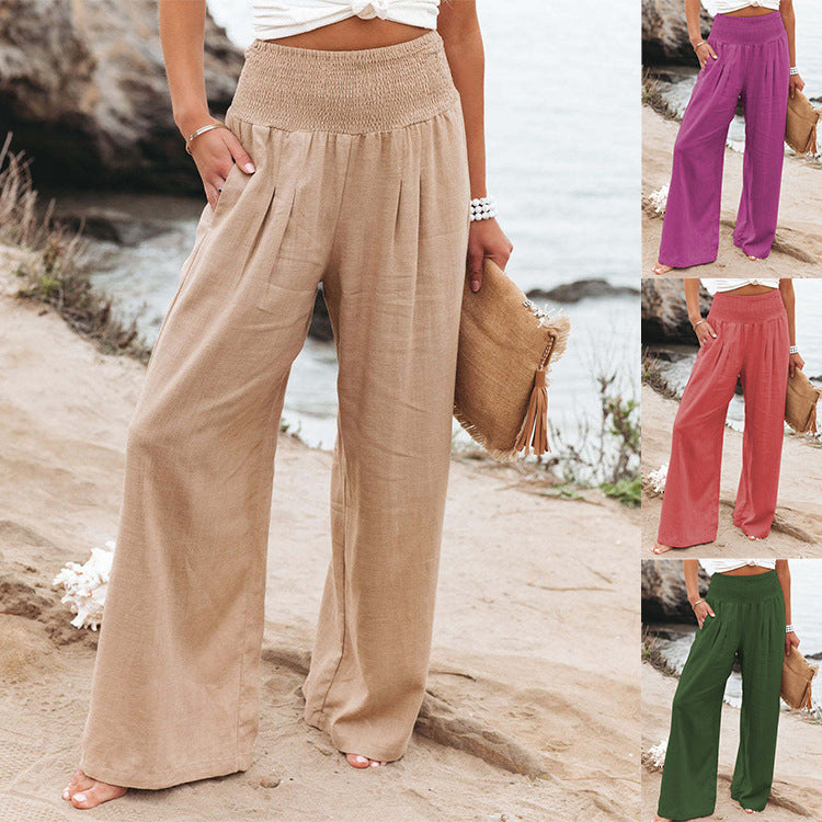 Damen Weit geschnittene Sommerhose mit elastischem Bund und eleganten Falten EB