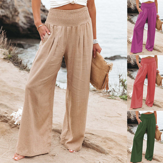 Damen Weit geschnittene Sommerhose mit elastischem Bund und eleganten Falten EB