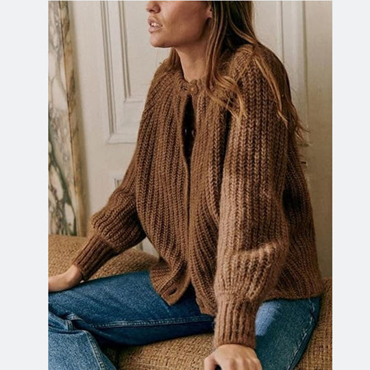 Damen Oversize Mohair-Effekt Strickjacke mit Rippenstruktur und Rundhalsausschnitt EB