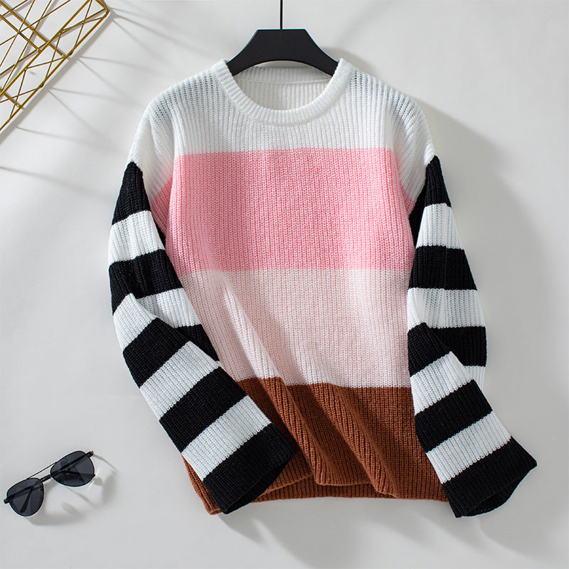 Damen modischer Pullover mit lässigem Streifenmuster und weitem Schnitt EB
