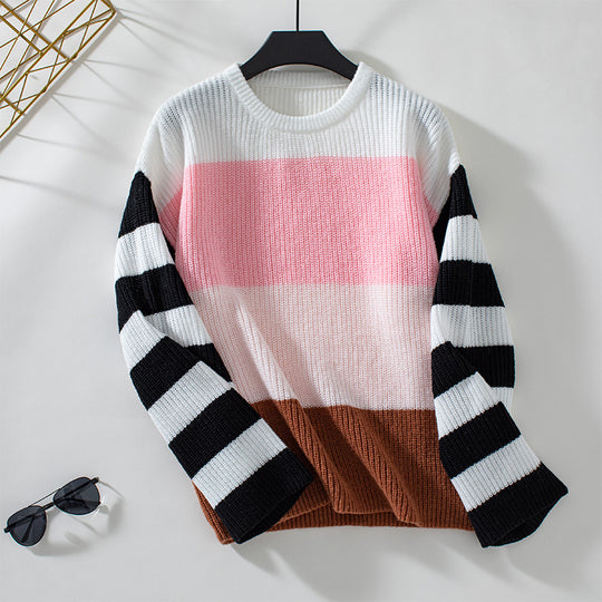 Damen modischer Pullover mit lässigem Streifenmuster und weitem Schnitt EB