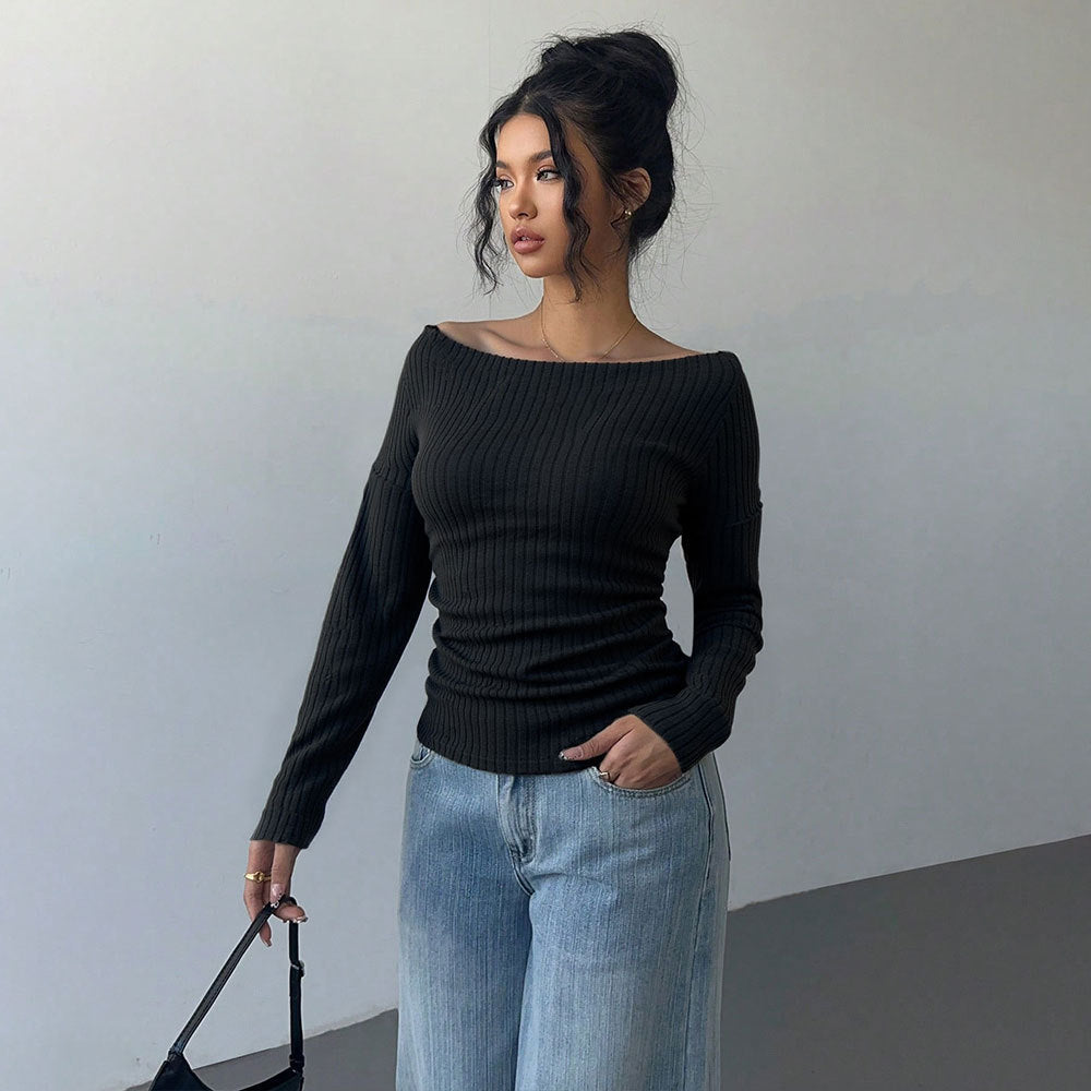 Damen schulterfreies geripptes Langarmshirt mit taillierter Raffung und figurbetontem Stretch Eichborn Berlin