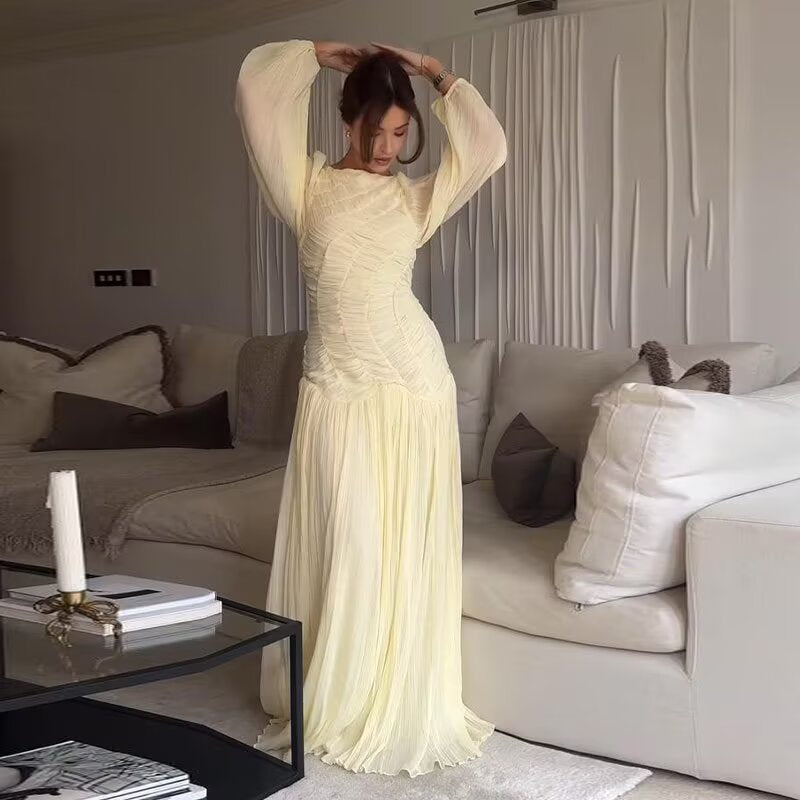 Damen Maxikleid mit eleganter Raffung und voluminösen Ärmeln EB