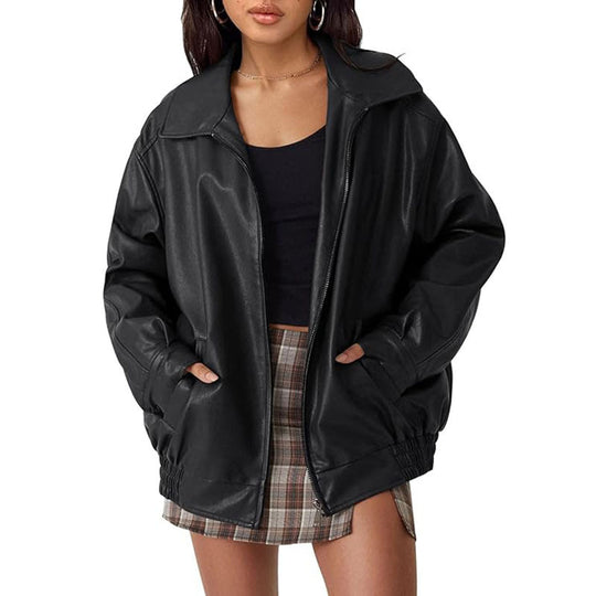 Damen Oversize Kunstleder Blouson mit Reißverschluss und elastischem Saum EB