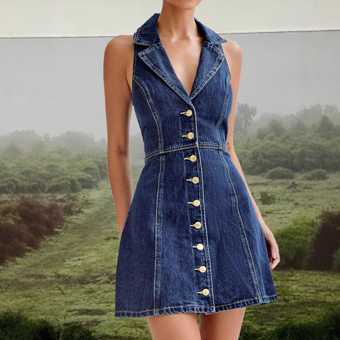 Damen Jeanskleid mit modernem Reverskragen und Knopfdetails EB