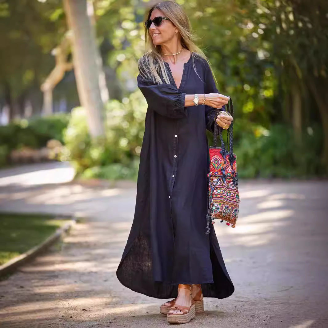 Damen Maxikleid mit Knöpfen und eleganten Ärmeln EB