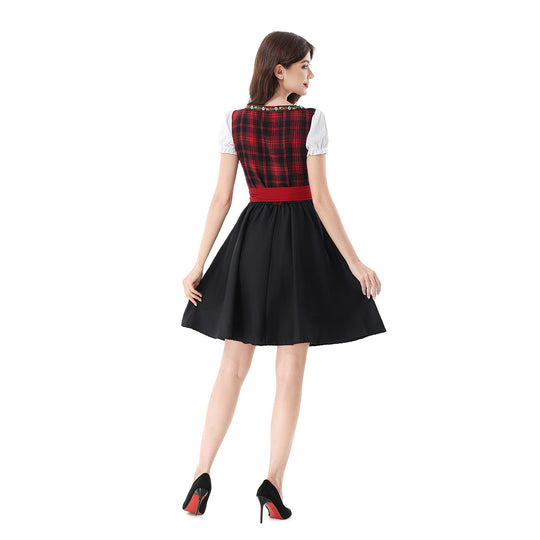 Damen nan traditionelles Dirndlkleid mit kariertem Mieder, Schnürung, Puffärmeln und Schürze EB