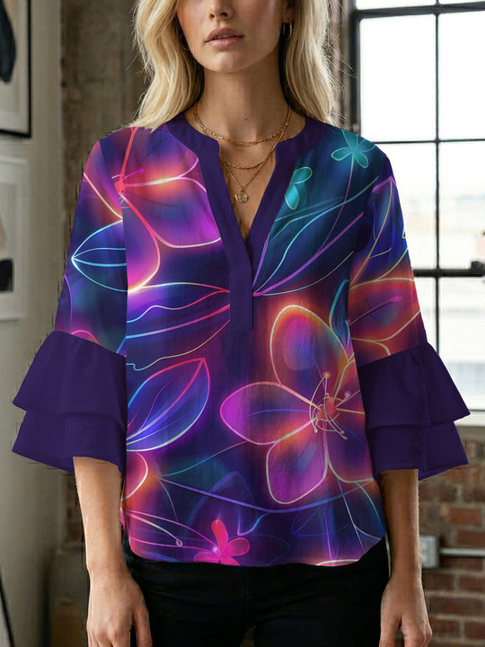 Damen Bluse mit voluminösen Rüschenärmeln und floralem Muster EB