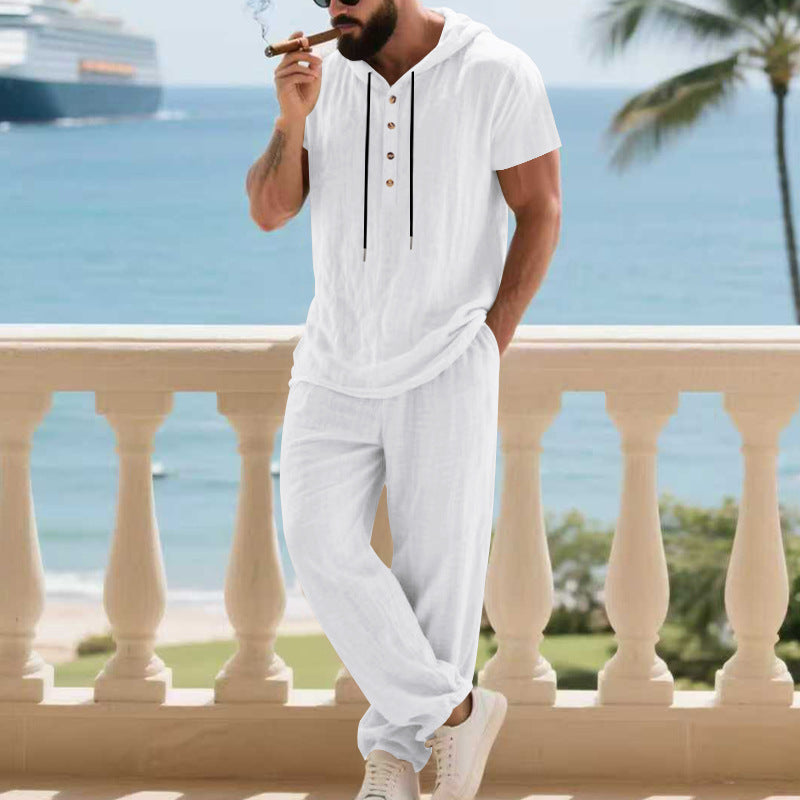 Herren komfortables Freizeit-Set mit modischem Henley-Oberteil und lockeren Hosen EB