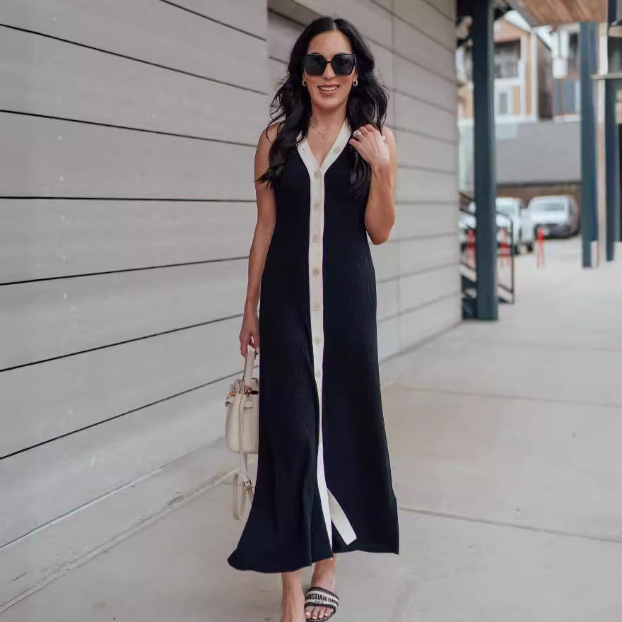 Damen Elegantes Maxikleid mit modernem V-Ausschnitt und asymmetrischem Saum EB