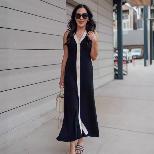 Damen Elegantes Maxikleid mit modernem V-Ausschnitt und asymmetrischem Saum EB