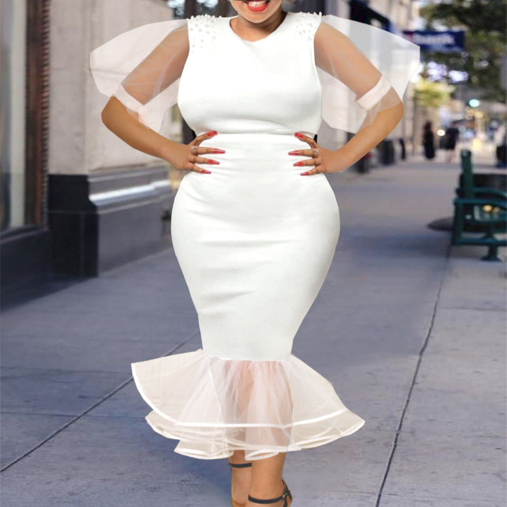 Damen Elegantes Maxikleid mit voluminösen Tüllärmeln und Rüschensaum EB