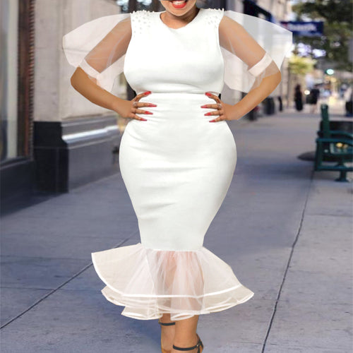 Damen Elegantes Maxikleid mit voluminösen Tüllärmeln und Rüschensaum EB