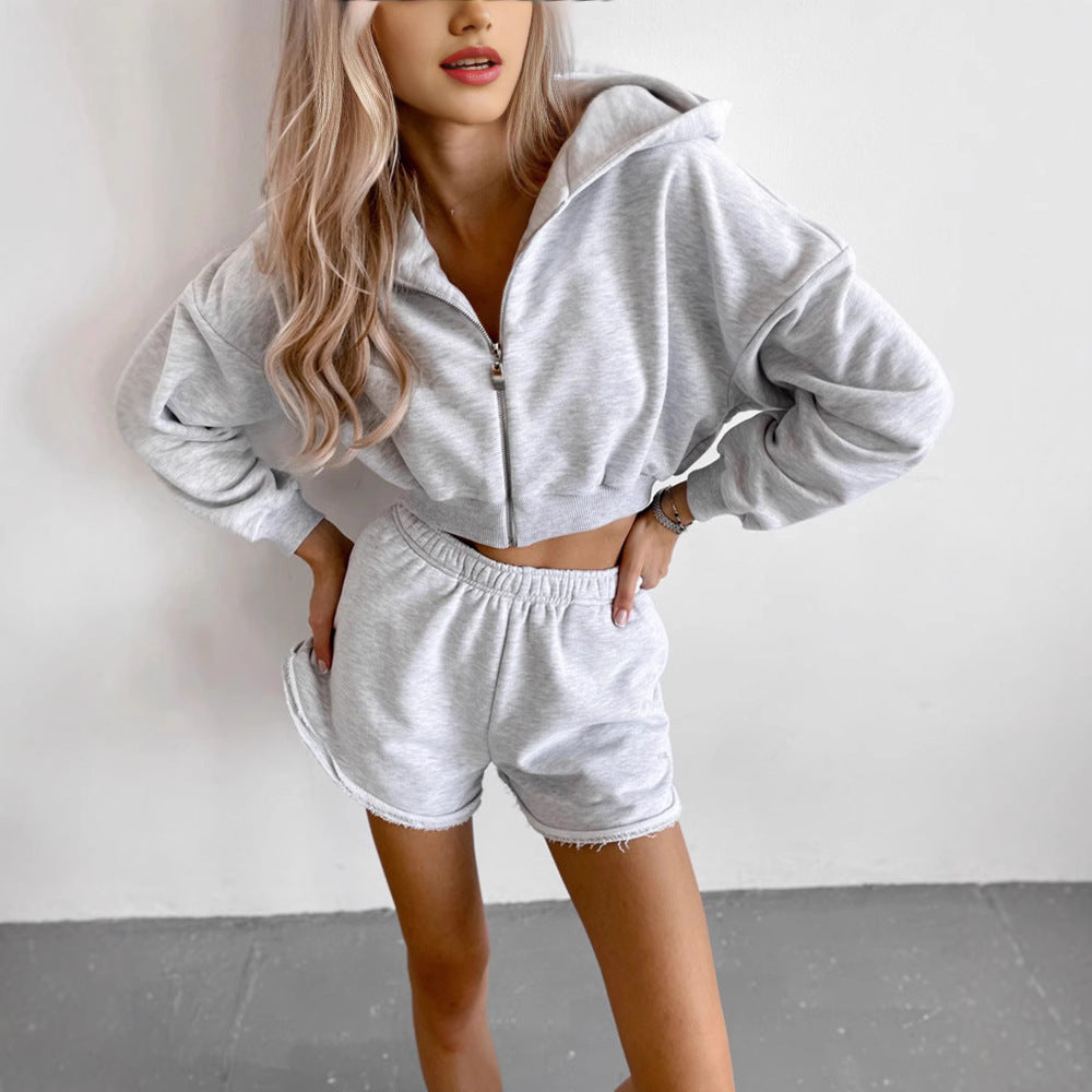 Damen Cropped-Zipper-Kapuzenjacke mit taillenhohen Fransen-Shorts Lounge-Set EB