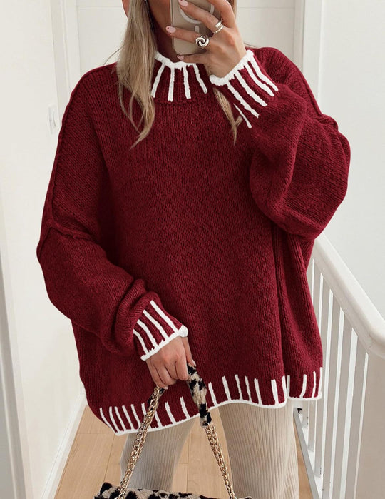 Damen lässiger Grobstrickpullover mit modernem Streifenmuster EB