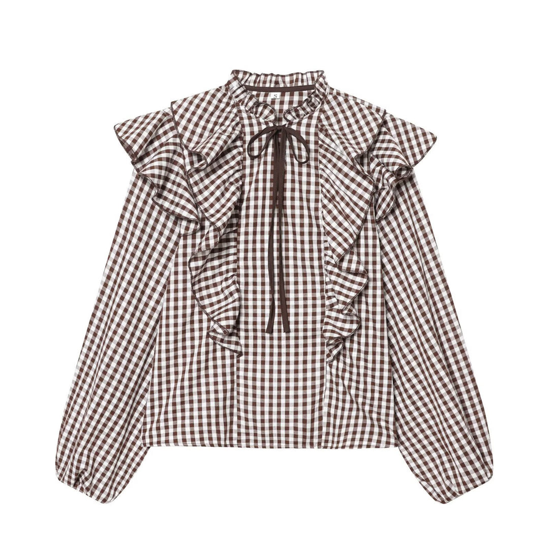 Damen Rüschenshirt mit klassischen Karomuster und eleganten Bindebändern EB