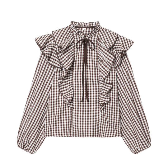 Damen Rüschenshirt mit klassischen Karomuster und eleganten Bindebändern EB