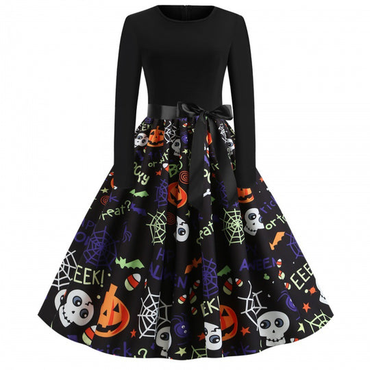Damen Swingkleid mit Halloween-Print, taillierter Satin-Schärpe und langem Ärmel EB