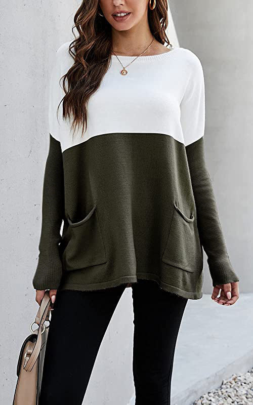 Damen Strickpullover mit großen Fronttaschen und kontrastiertem Design EB