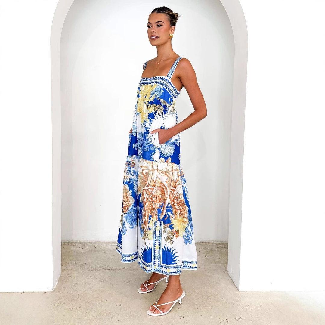 Damen Maxi-Strandkleid im floralen Design mit verstellbaren Spaghettiträgern EB