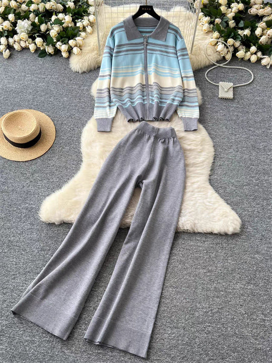 Damen modisches Freizeit-Loungewear-Set mit Reißverschluss und breitem Bein EB