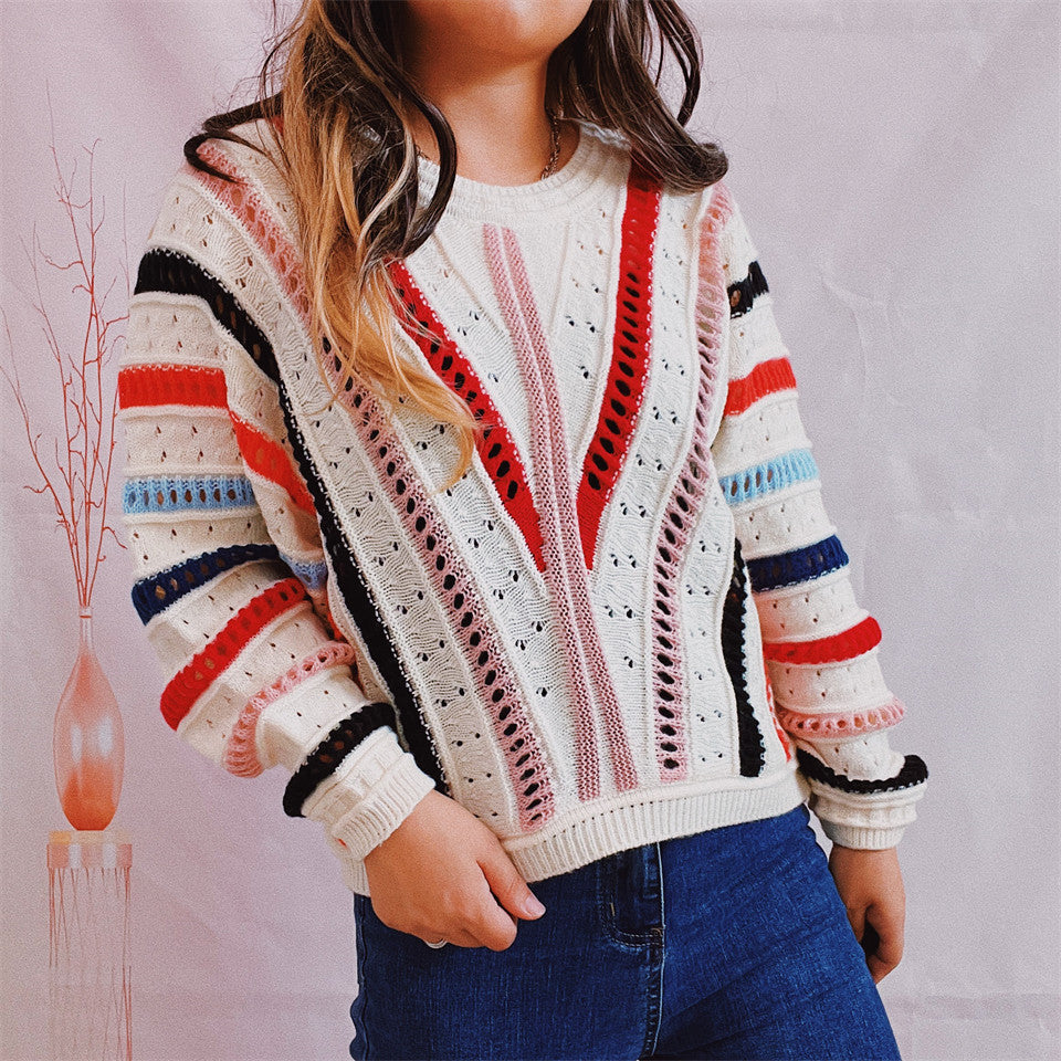 Damen lässiger Strickpullover mit modernem Farbverlauf und einzigartiger Lochstruktur EB