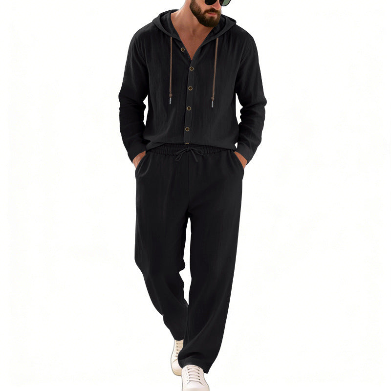 Herren nan legeres Kapuzen-Lounge-Set mit Knopfleiste, Kordelbundhose und seitlichen Eingrifftaschen EB