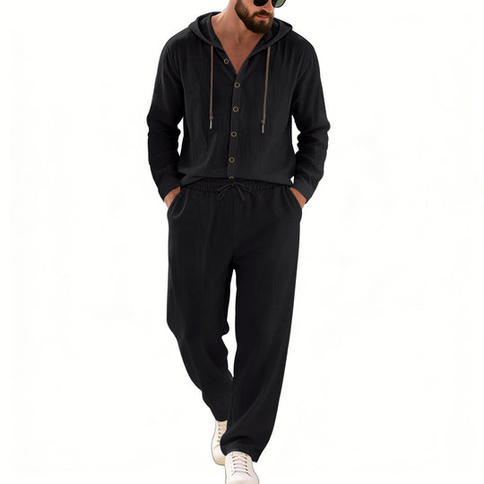 Herren nan legeres Kapuzen-Lounge-Set mit Knopfleiste, Kordelbundhose und seitlichen Eingrifftaschen EB