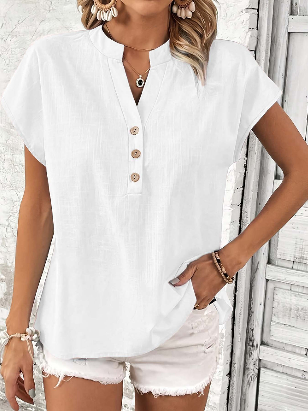 Damen stylisches Kurzarm-Oberteil mit Knopfdetails und trendigem Stehkragen EB