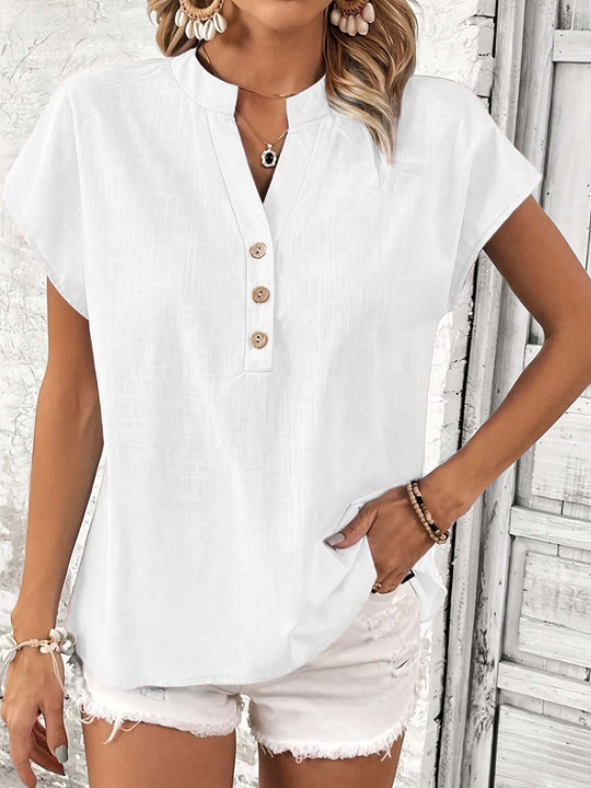 Damen stylisches Kurzarm-Oberteil mit Knopfdetails und trendigem Stehkragen EB