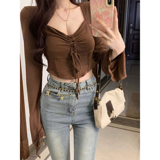 Damen Cropped-Top mit raffiniertem Knoten und weitem Arm EB