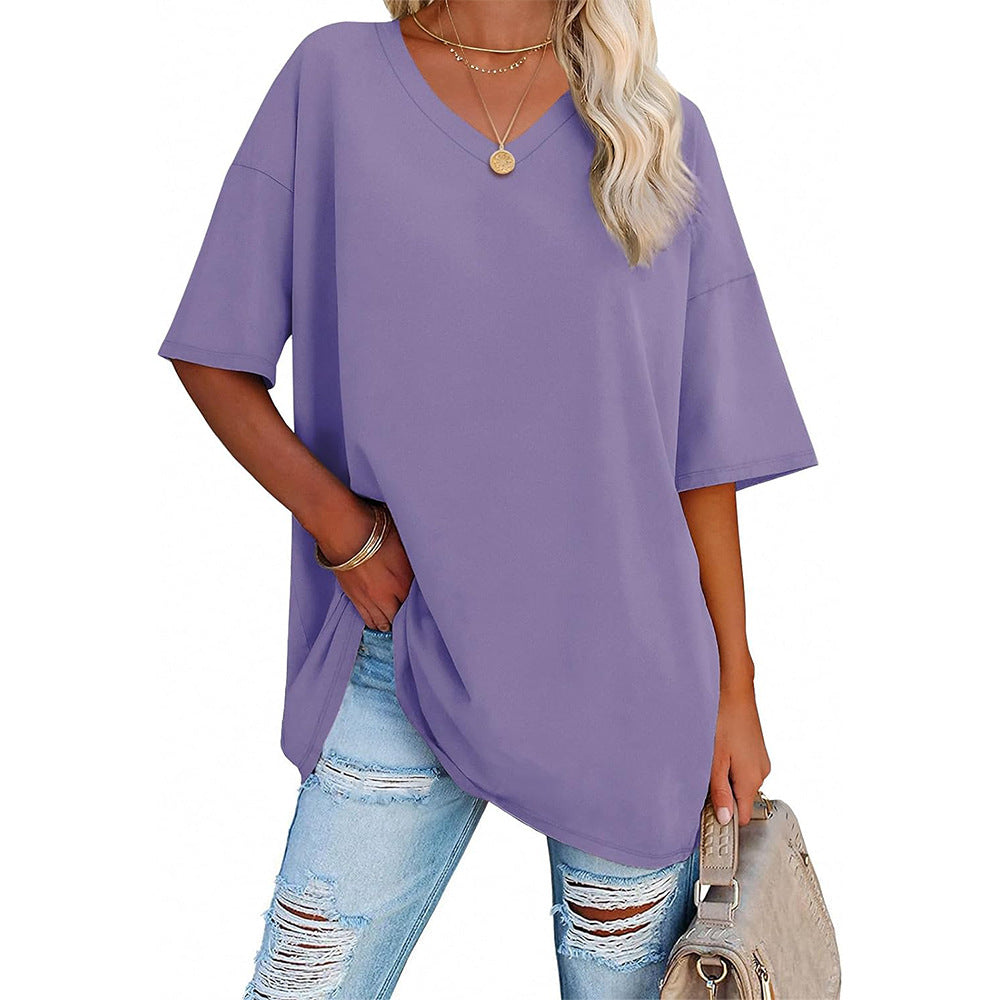Damen Oversized T-Shirt mit V-Ausschnitt und seitlichen Schlitzen EB