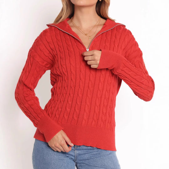 Damen Strickpullover mit elegantem Kabelmuster und modischem Stehkragen EB
