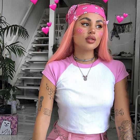 Damen Kurzarm Crop-Top mit farblich abgesetzten Raglanärmeln EB