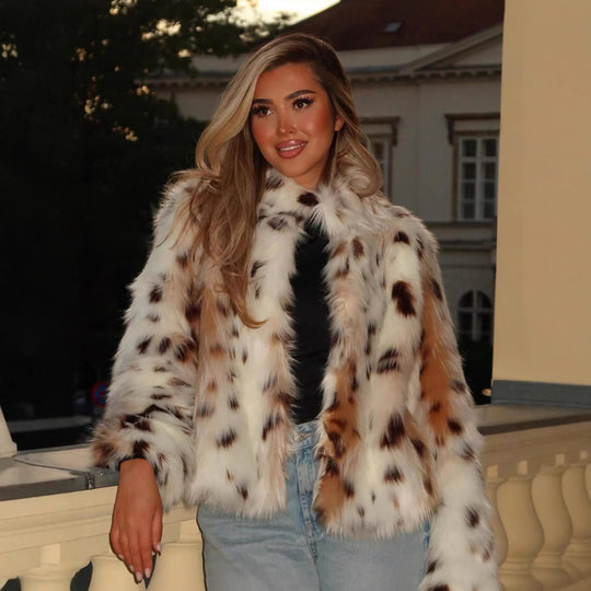 Damen luxuriöse Faux-Fur Jacke mit animalischem Print EB
