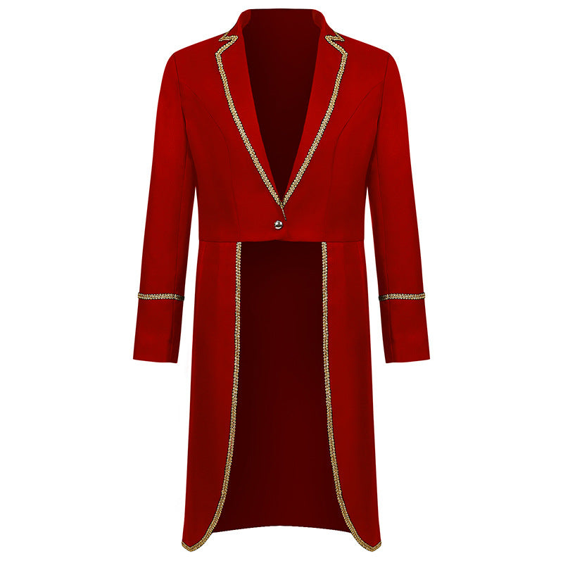 Damen nan langer taillierter Blazer-Mantel mit goldener Kettendetail und einreihigem Verschluss Eb